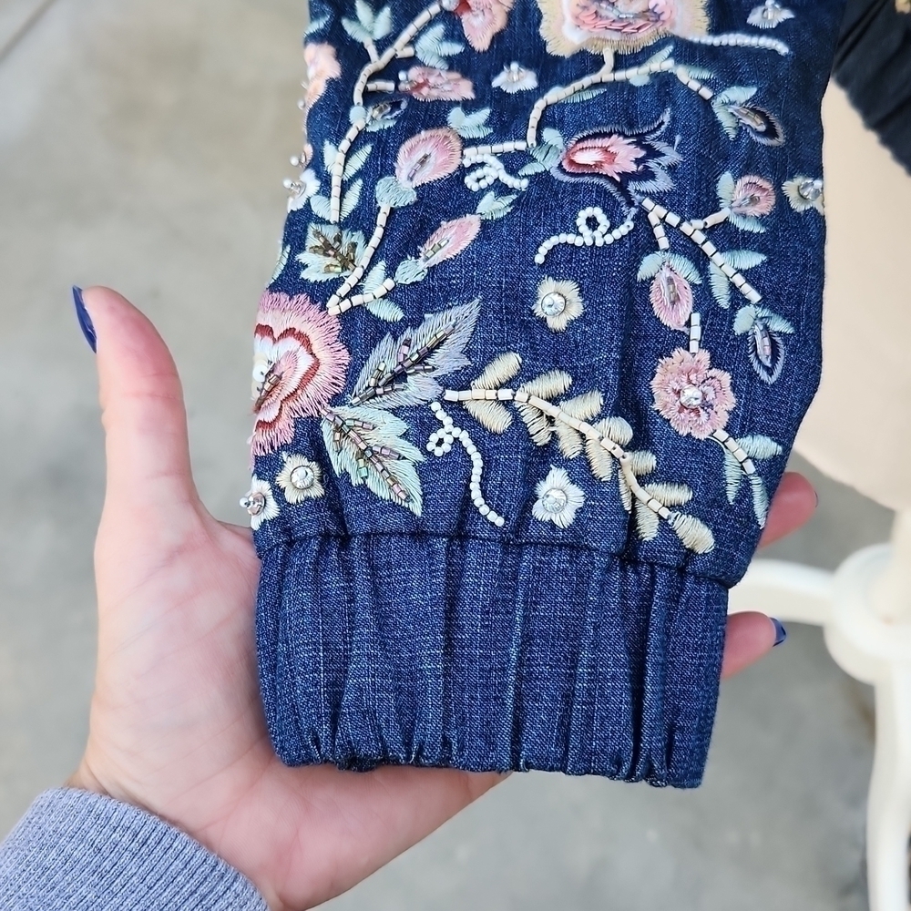Needle & Thread Sundaze Floral Embroidered Denim Bomber Jacket 2 - Picture 6 of 13